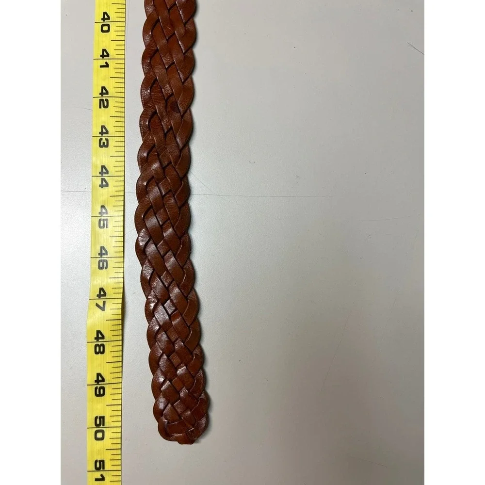 Cognac Brown Woven Braided Leather Belt Brass Buckle Size 44 954048
